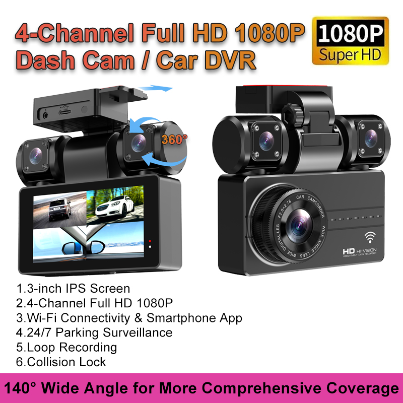 Dash Cam 3 Channel 1080P - 3 Inch 4 Channel 1080P Car