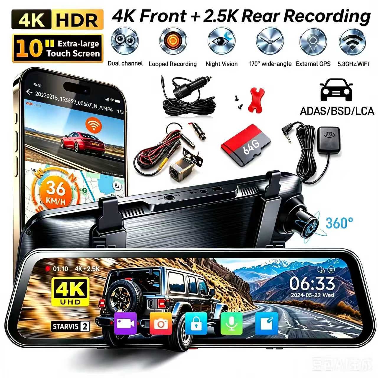 Dash Cam Front And Rear 4K - X10 PRO Mirror Dash Cam with