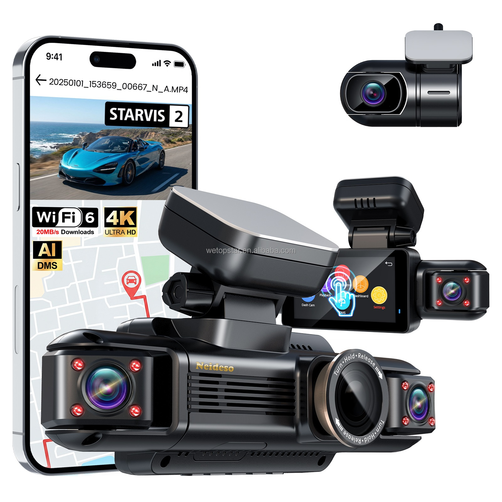 Dash Cam 3 Channel 1080P - STARVIS 2 Dash Cam 3-Inch Touchscreen